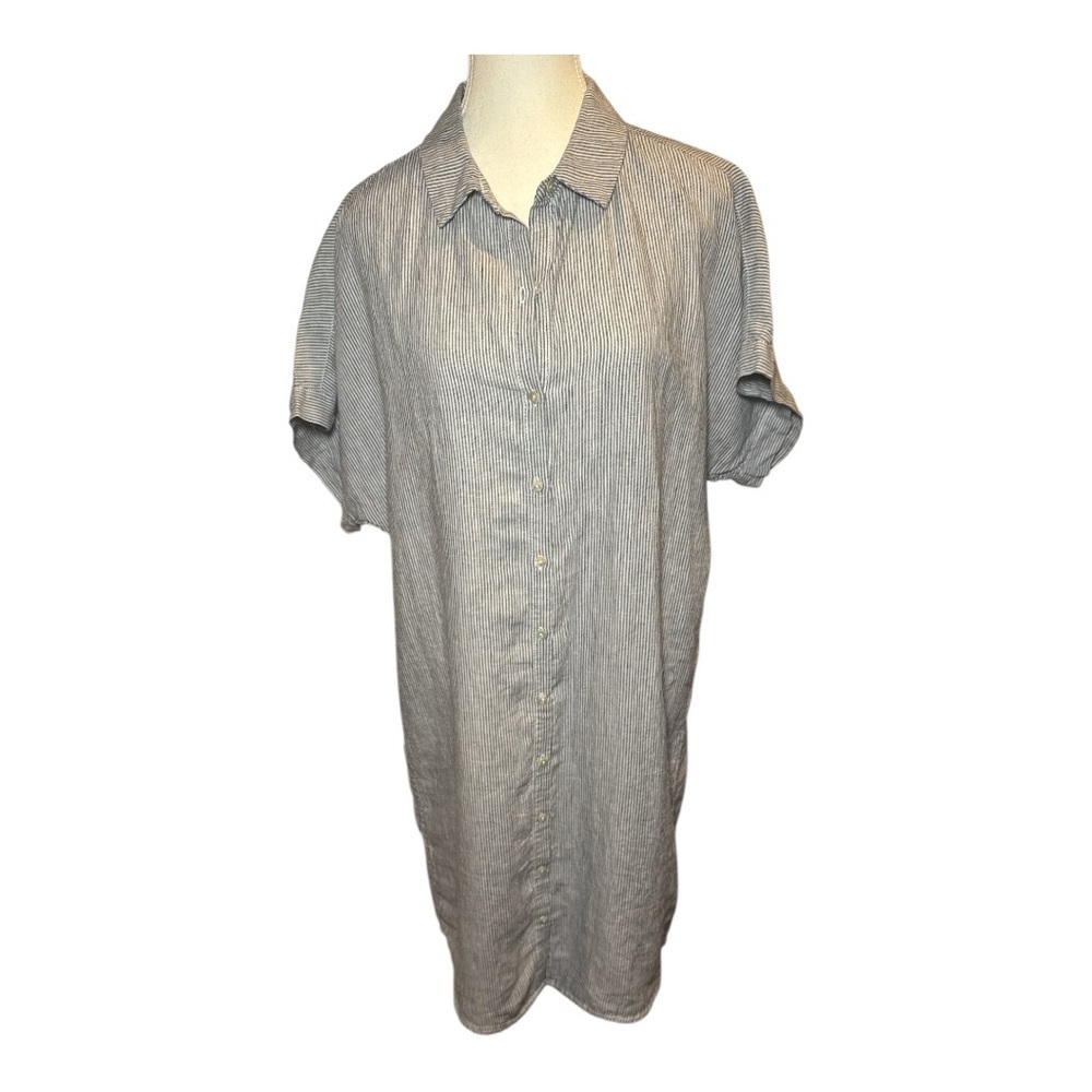 Tahari Railroad Striped Linen ShirtDress Sz L Nautical Blue White Coastal Beach - Picture 3 of 13